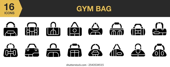 Conjunto de ícones de bolsa de ginástica. Inclui bolsa de ginástica e Mais. Coleção vetorial de ícones sólidos.