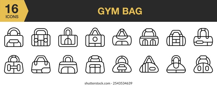 Conjunto de ícones de bolsa de ginástica. Inclui bolsa de ginástica e Mais. Contornar coleção de vetores de ícones.