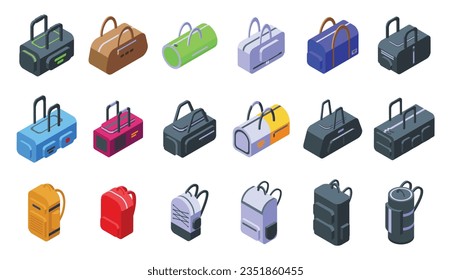 Gym Bag icons set isometric vector. Sport room. Training fitness