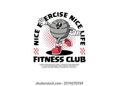 gym ball, stability balls, fit ball fitness retro cartoon character mascot illustration with dancing and flying pose for fitness gym bodybuilding sport club mascots and merchandise