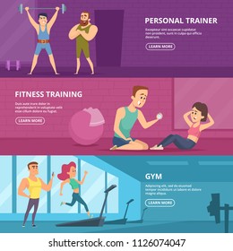 Gym banners. Advertising pictures for gym. Poster fitness trainer, workout sport, healthy training. Vector illustration