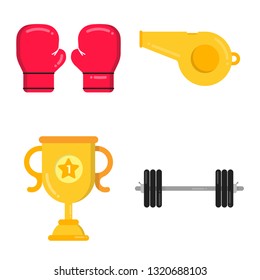 Gym barbell, boxing gloves, sport whistle, golden cup sport set flat style design vector illustration icon sign isolated on white background. Symbols of the weightlifting sport or fitness equipment.