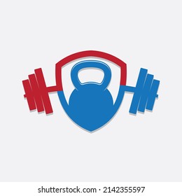 Gym barbell with shield and kettlebell inside vector