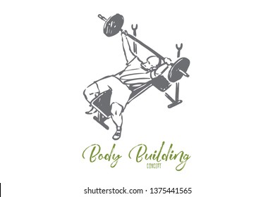 Gym, barbell, strong, man, health concept. Hand drawn man doing exercises with barbell in gym concept sketch. Isolated vector illustration.