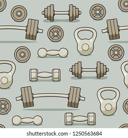 Gym barbells and dumbbells seamless pattern, fitness center vector design