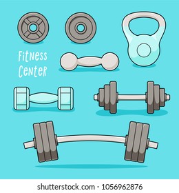 Gym barbells and dumbbells set, fitness center vector illustration