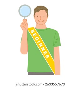 Iniciante na academia (homem de meia idade sorridente): segurando uma lupa