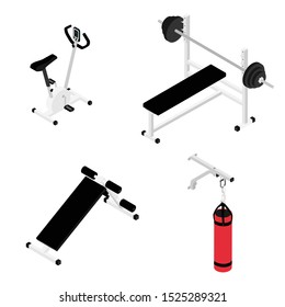 Gym bench with barbell, gym bike and boxing bag isolated on white background isometric view. Fitness home gym equipment