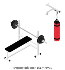 Gym bench with barbell and boxing bag isolated on white background isometric view.