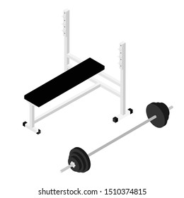 Gym bench with barbell isolated on white background isometric view