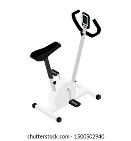 Gym bike isometric view isolated on white background. Exercise bike cardio workout at fitness gym