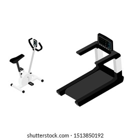 Gym bike and sporty treadmill isometric view isolated on white background. Exercise bike cardio and treadmill workout at fitness gym