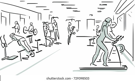 Gym Black And White Vector Sketch. People Are Training In Simulators Simple Drawing.