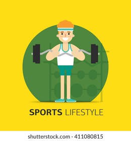 Gym bodybuilding concept design. Vector flat. Man performs exercises with a barbell. Cartoon illustration. Sport lifestyle. Healthy life.