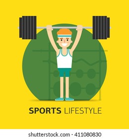 Gym bodybuilding concept design. Vector flat. Man performs exercises with a barbell. Cartoon illustration. Sport lifestyle. Healthy life.