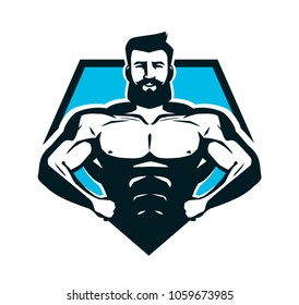 Gym, Bodybuilding Logo Or Label. Strong Man With Big Muscles. Vector Illustration