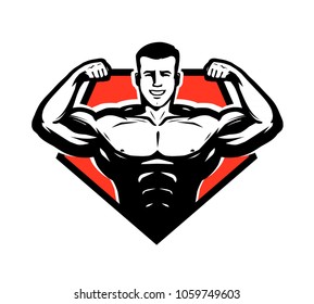 Gym, bodybuilding, weightlifting logo or label. Sport symbol. Vector illustration