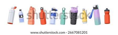 Gym bottles set for water hydration. Reusable plastic and metal shakers, flasks with lid. Fitness and sport accessory, drink for training. Flat vector illustration isolated on white background