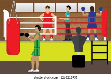 Gym boxing athletes come to practice for the competition. 