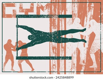 Gym Boxing Club typographic vintage grunge poster design with strong man. Silhouette of sportsman doing exercise. Pulling up on the crossbar. Two boxers are fighting. Retro vector illustration.