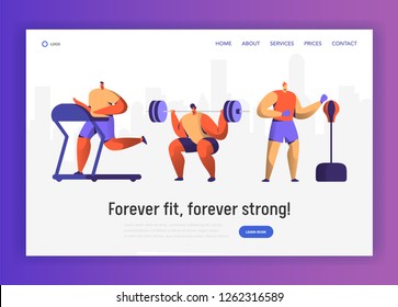 Gym Boxing Training Character Set for Website Design. Sport Cardio Workout Man Figure Collection. Healthy Weightlifting, Boxer Athlete Landing Page Concept. Flat Vector Illustration