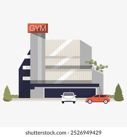 Edifício ginásio com carros estacionados fora em vetor plano ilustração simbolizando a aptidão, saúde, estilo de vida urbano, e instalações desportivas, isolado no fundo branco.