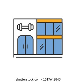 Gym building color icon. Two-storey construction with double door and panoramic windows. City sport club facade with dumbbell emblem. Modern gymnasium. Isolated vector illustration