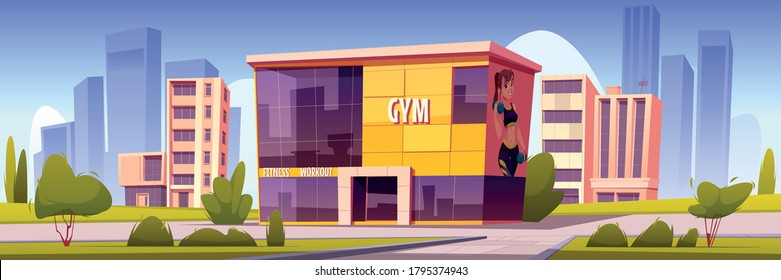 Gym building, modern sport house in summer town. Vector cartoon illustration of cityscape with fitness center facade. Architecture of workout club for sport training and exercises