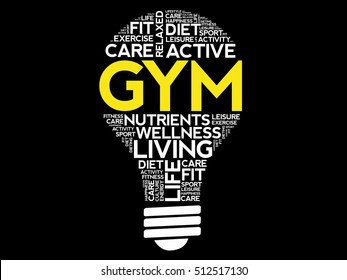 GYM bulb word cloud collage, health concept background