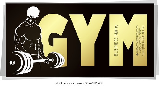 Gym business card. Sports and fitness. Gold lettering gym on a black background