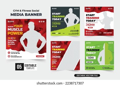 Gym business promotional template set with dark and red colors. Modern gym session social media post bundle with abstract brush effect. Fitness workout poster design collection for digital marketing.