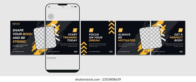 Gym Carousel post template. microblog carousel post. Editable social media carousel post for fitness center