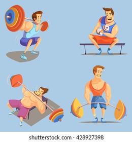 Gym cartoon icons set with weightlifting symbols on blue background isolated vector illustration 