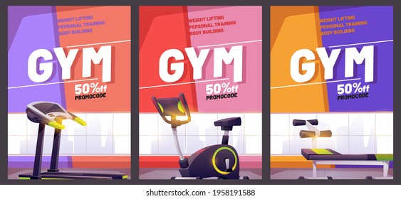 Gym Cartoon Poster With Treadmill. Promotional Flyer With Promocode For Weight Lifting, Body Building Or Personal Training. Special Offer For Sports Activity And Healthy Lifestyle, Vector Illustration