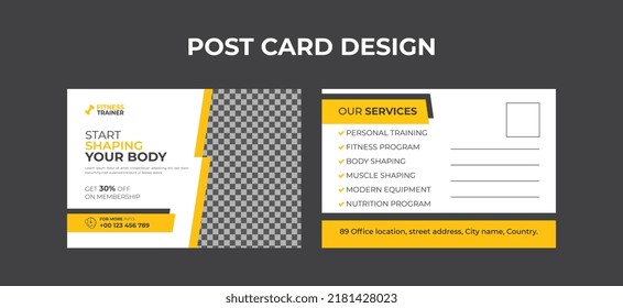 Gym Center or Fitness center promotional vector postcard design template, Minimal Sports, workout, Gym, Fitness, Training Workout or EDDM postcard.