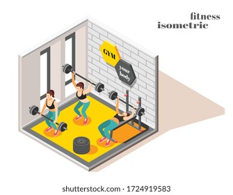 Composición isométrica interior del centro de gimnasia con ejercicios potentes de elevación de peso de cuerpo completo para ilustraciones vectoriales de mujeres
