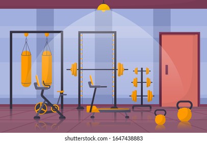 Gym Center Interior Sport Club Fitness Weight Bodybuilding Equipment Vector Illustration