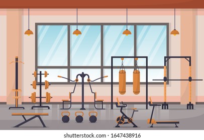 Gym Center Interior Sport Club Fitness Weight Bodybuilding Equipment Vector Illustration