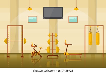 Gym Center Interior Sport Club Fitness Weight Bodybuilding Equipment Vector Illustration