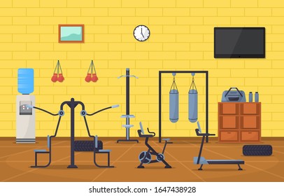 Gym Center Interior Sport Club Fitness Weight Bodybuilding Equipment Vector Illustration