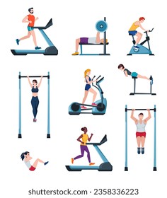 gym characters set. doing physical exercises with exercise equipment, cartoon healthy people training in sport training workout gym. vector cartoon characters set.