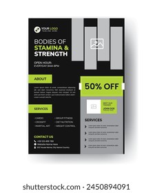 Volante de clase de gimnasio. Diseño de folleto de entrenamiento Abstractas. Formas de diseño moderno adecuadas para deportes, fitness.