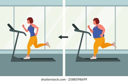 Gym classes and a slim figure. The process of losing weight while exercising on a treadmill. An overweight woman and a slim woman after a while.