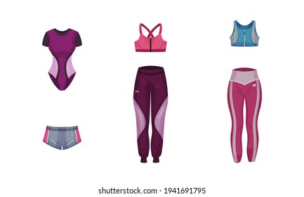 Gym Clothing or Athletic Apparel with Sportive Trousers, Sports Bra and Shorts Vector Set