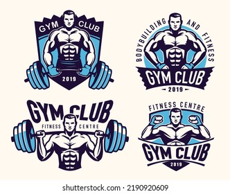 Gym club badge set. Fitness emblems. Athletic muscular man, bodybuilder symbol. Sport concept vector illustration