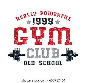 Gym club emblem. Graphic design for t-shirt. Color print on white background