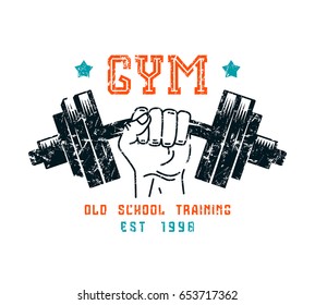 Gym club emblem in retro style. Graphic design for t-shirt. Color print on white background