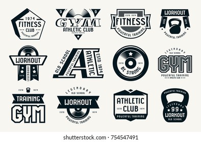 Gym club, fitness and workout badges. Graphic design for t-shirt. Black print on white background