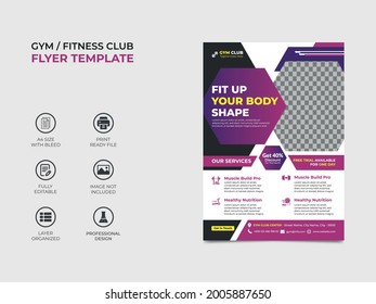 Gym club flyer template design, gradient color shape. An image can be placed in the template, fully editable professional looking. Vector a4 size, eps 10 version.