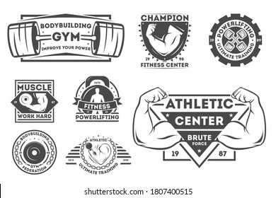 Gym club logo. Black-and-white gym or fitness club logo set isolated on white. Athletic sportsman, sportswoman, dumbbell, barbell illustration on vector emblem. Sport, bodybuilding and powerlifting